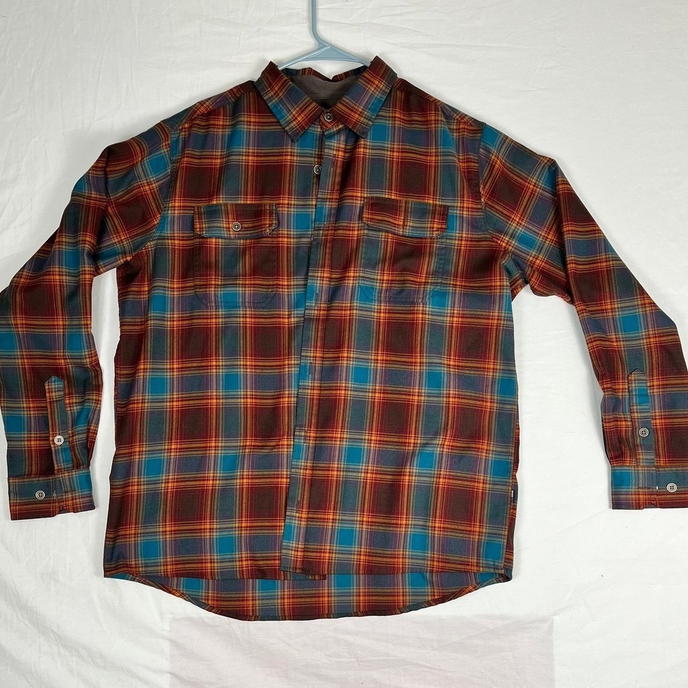 Swiss Tech Flannel Shirt Mens L Red Blue Plaid Button Down EUC
